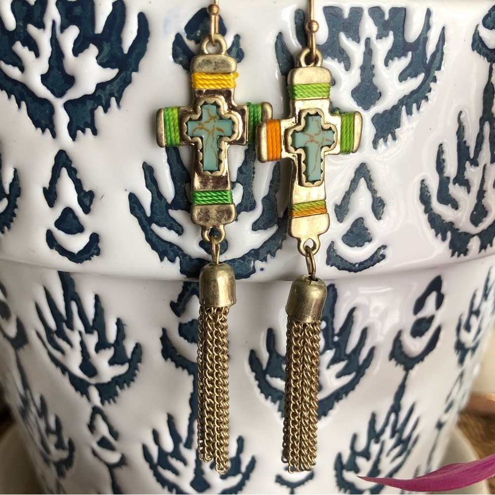 Cross earrings with tassels gold tone unmarked religious Mexican flare